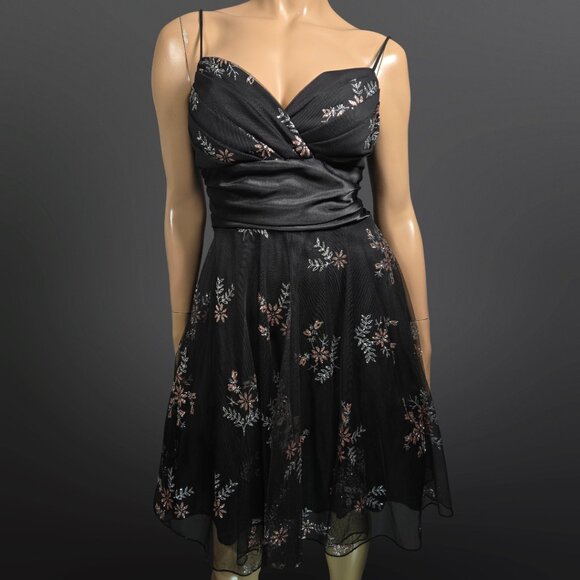 Y2K Black Glitter Mesh Overlay Dress Satin Sash Size M Prom Party Fairy Goth - Picture 1 of 10